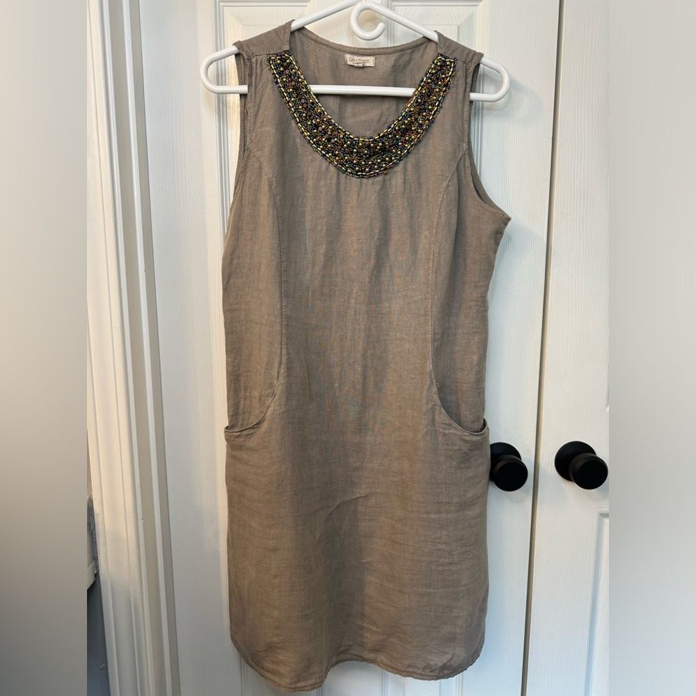 Lina Tomei 100% Linen Beaded Round Neck Sheath Dress Pockets Size Large Taupe